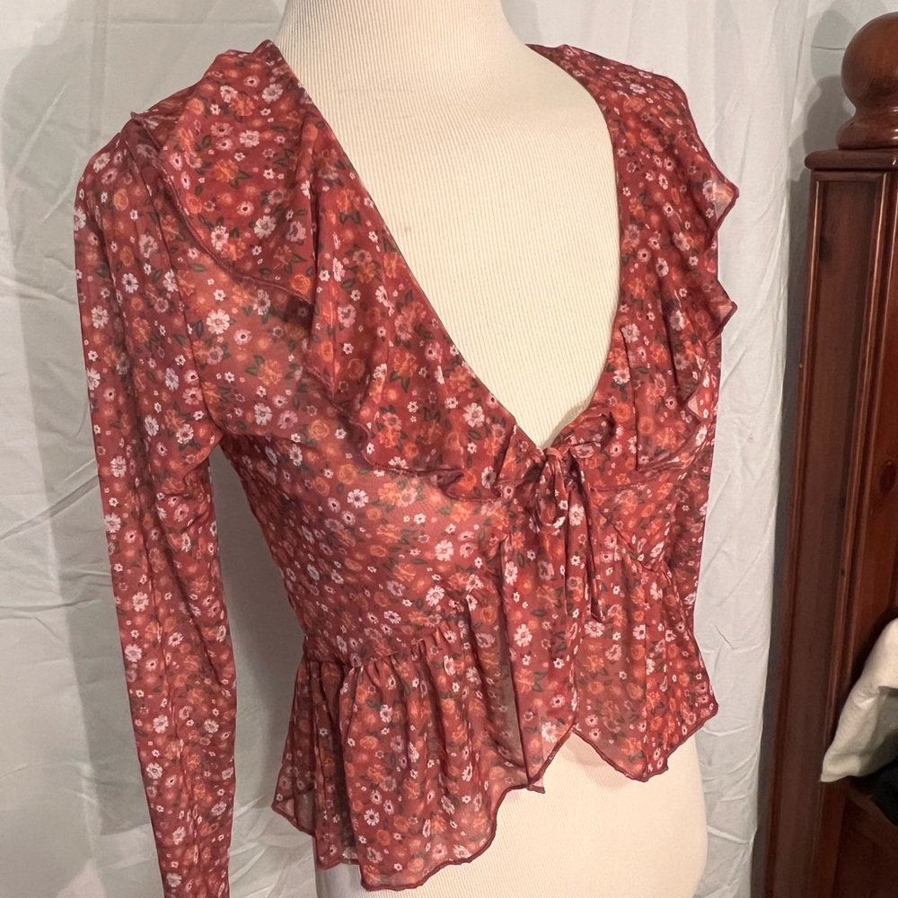 Elegant Floral Tie-Front Blouse - Rust